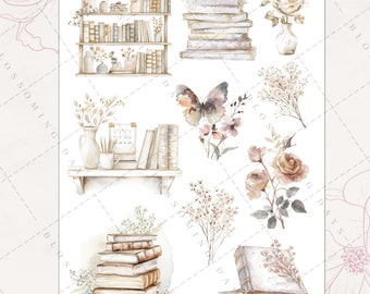May include: A set of watercolor stickers featuring a bookshelf, stacks of books, a butterfly, flowers, and a vase. The stickers are perfect for adding a touch of whimsy and charm to your planner, journal, or scrapbook.