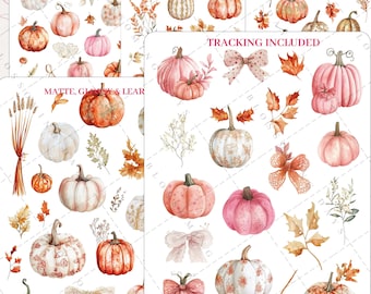 Autumn Fall Pumpkins, Lace Bow, Foliage, Cottagecore Boho Autumn Hearth Home Decorative Aesthetic Journal Scrapbook Planner Sticker Sheet