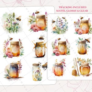 May include: Nine watercolor illustrations of honey jars with flowers and bees. The jars are labeled "Spring" and "Honey".