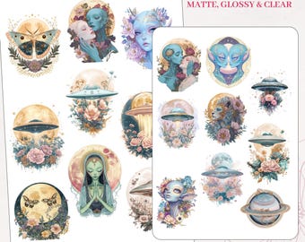 Enchanted Celestial Fantasy, Magical, Alien, Dreamscape Floral, Planet, Moon, Mystical Aesthetic Journal Scrapbook Planner Sticker Sheet
