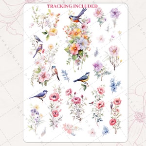 Watercolor Spring Floral, Bird, Botanical Garden, Decorative Deco Aesthetic Journal Bujo Bullet Stationary Scrapbook Planner Sticker Sheet