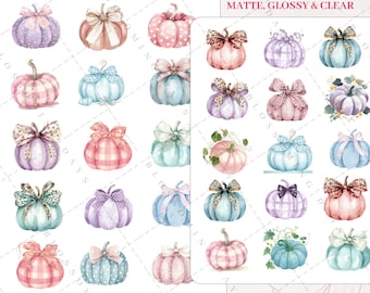 Cute Autumn Fall Whimsy Watercolor Pumpkin, Plaid, Bow, Whimsical Decorative Aesthetic Journal Scrapbook Planner Sticker Sheet