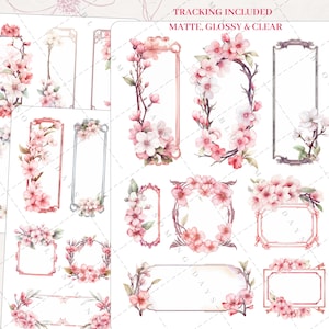 Pretty Dreamy Cherry Blossom, Floral, Romantic Spring Bossom, Sakura Decorative Frame Aesthetic Journal Bujo Scrapbook Planner Sticker Sheet