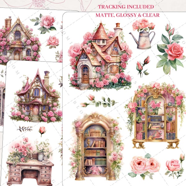 Shabby Chic Romantic Dreamy Floral House, Armoire, Home, Flower, Rose Enchantment, Aesthetic Journal Bujo Scrapbook Planner Sticker Sheet