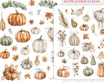 Cute Autumn Fall Pumpkins, Foliage, Cottagecore Boho Autumn Hearth Home Decorative Aesthetic Journal Scrapbook Planner Sticker Sheet