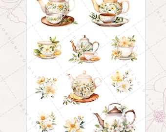 Cute Cottagecore Magnolia Flower, Summer Garden, Blossom, Floral, Teapot, Tea Party, Aesthetic Journal Bujo Scrapbook Planner Sticker Sheet