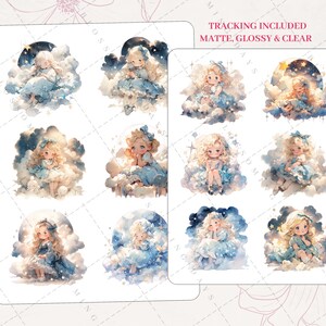Kawaii Girl on Cloud, Wish Upon a Star, Dreamy, Cute Decorative Aesthetic Journaling Journal Bujo Scrapbook Planner Sticker Sheet