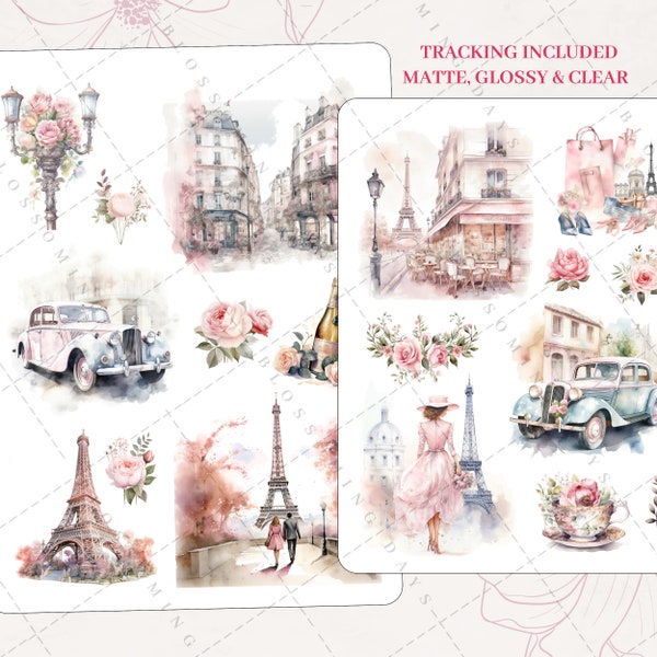 Shabby Chic Romantic Paris Dreams, Eiffel Tower, Cafe Scenes, Vintage Charm, Aesthetic Journaling Bujo Scrapbook Planner Sticker Sheet