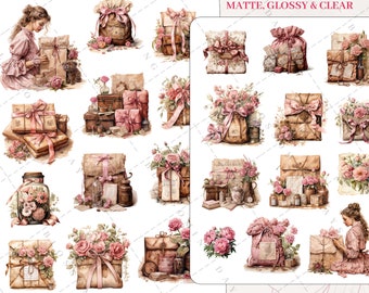 Cottagecore Romantic Floral, Vintage Love Letter, Mail, Flower, Heart, Valentine Aesthetic Journal Bujo Scrapbook Planner Sticker Sheet