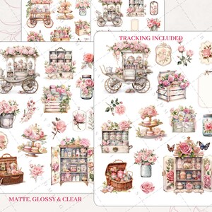 Shabby Chic Romantic Dreamy Floral Cafe, Cottagecore Flower Rose Bakery, Enchantment, Aesthetic Journal Bujo Scrapbook Planner Sticker Sheet