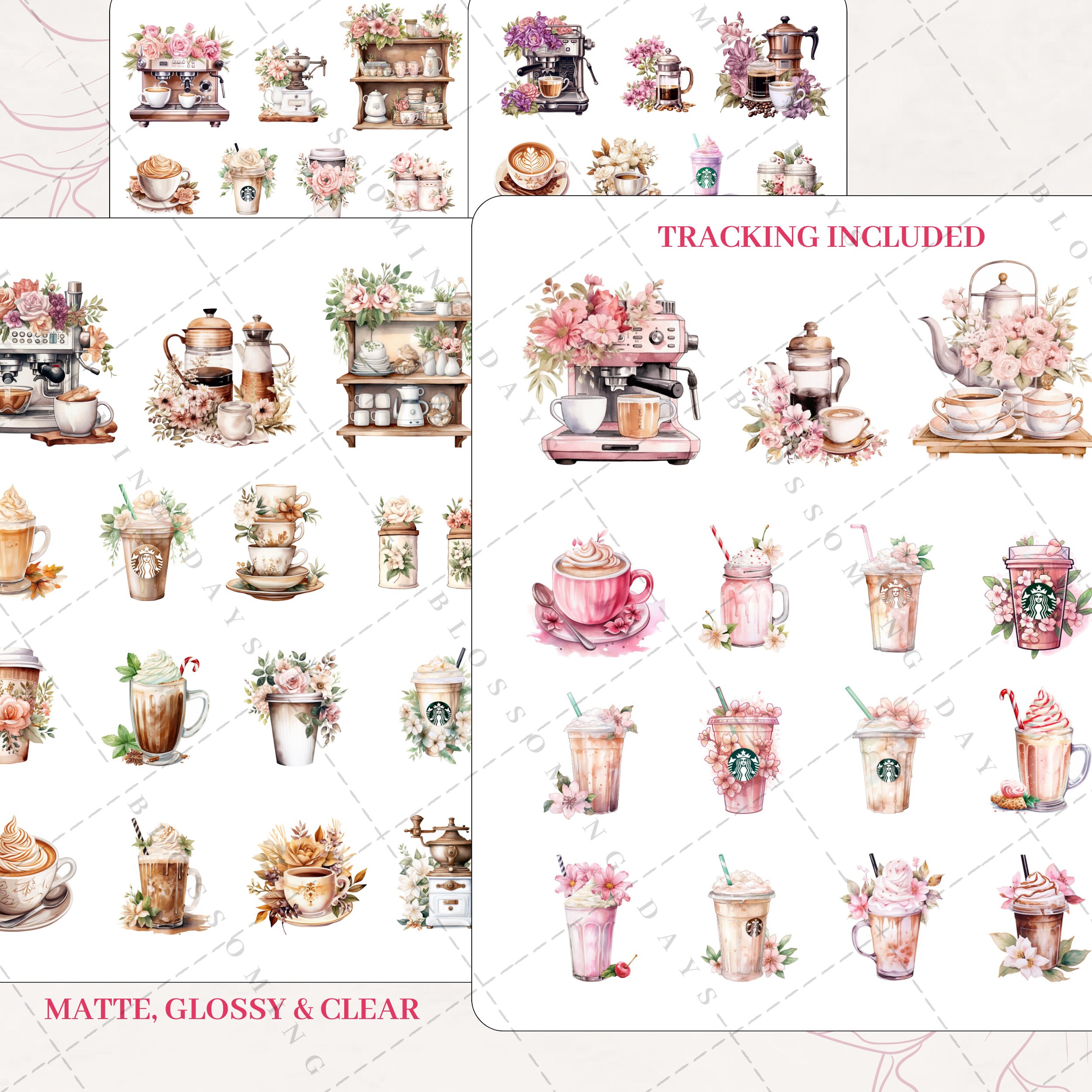 Brewtiful Barista Coffee Flower Floral Frappe Iced Coffee Cafe Latte Decorative Aesthetic Journal Scrapbook Planner Sticker Sheet