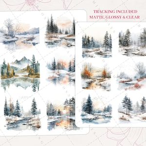 Pretty Cozy Foggy Forest Winter Scene, Mountain Lake, Wonderland, Snow Floral, Decorative Aesthetic Journal Scrapbook Planner Sticker Sheet