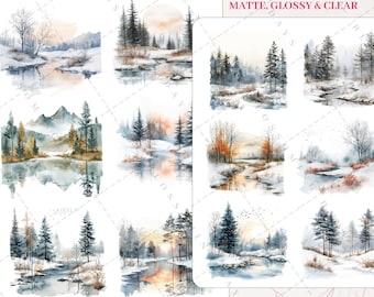 May include: A sheet of 9 wintery watercolor stickers featuring snowy landscapes with trees, rivers, and mountains. The stickers are printed on clear, glossy, and matte paper. The text "TRACKING INCLUDED MATTE, GLOSSY & CLEAR" is printed at the top of the sheet.