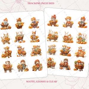 Cute Autumn Fall Harvest Woodland Animal Pumpkin Patch Cart, Cat, Rabbit Possum Decorative Aesthetic Journal Scrapbook Planner Sticker Sheet