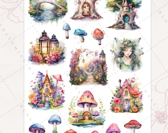 Cute Enchanted Whimsical Fairy and Mushroom, Floral Fantasy, Magical, Decorative Aesthetic Journal Scrapbook Planner Sticker Sheet