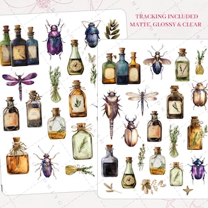 May include: Two sheets of stickers featuring watercolor illustrations of apothecary bottles, insects, and sprigs of herbs. The bottles are in various shapes and colors, with cork stoppers. The insects include beetles and dragonflies. The text "TRACKING INCLUDED MATTE, GLOSSY & CLEAR" is visible.