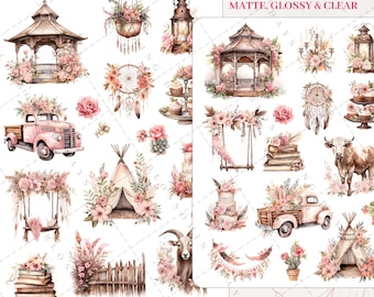 Boho Chic Floral Garden Decorative Aesthetic Journal Scrapbook Planner Sticker Sheet
