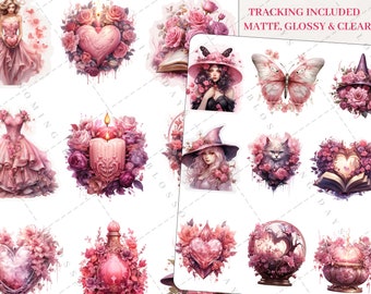 May include: A sheet of pink and white stickers featuring various illustrations of flowers, hearts, candles, a witch, a cat, a butterfly, a book, a bottle, and a crystal ball. The stickers are designed in a whimsical style with a pink and white color scheme.