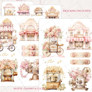Romantic Dreamy Floral Movie Night Theme, Popcorn Cart, Vintage Film, Aesthetic Journal Bujo Scrapbook Planner Sticker Sheet