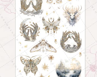 May include: A set of 10 gold and white watercolor stickers featuring a variety of celestial and nature-inspired designs, including butterflies, moths, hands holding moons, a deer, and a castle. The stickers are perfect for adding a touch of whimsy and magic to your planner, journal, or scrapbook.