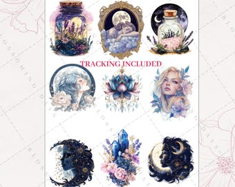 Enchanted Celestial Fantasy, Magical, Crystal, Dreamscape Floral, Moonlit Potion, Mystical Aesthetic Journal Scrapbook Planner Sticker Sheet