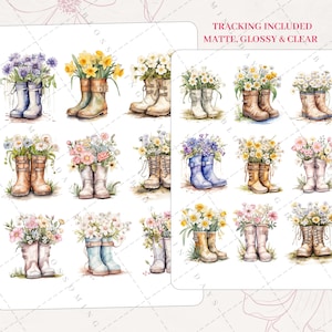 Pretty Watercolor Spring Floral Boots, Garden, Aesthetic Journaling Bujo Scrapbook Planner Sticker Sheet