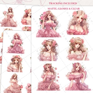 Kawaii Rose Manga Anime Girl, Romantic, Dreamy, Floral, Manhwa Decorative Aesthetic Journaling Junk Journal Scrapbook Planner Sticker Sheet