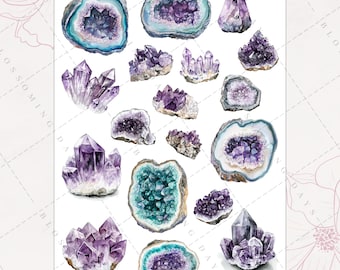 May include: Watercolor illustrations of various amethyst crystals and geodes in shades of purple, teal, and white. The crystals are shown in different shapes and sizes, including clusters and single points. The overall theme is natural and spiritual.