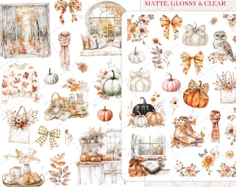 Cozy Autumn Fall Vibe, Pumpkins, Cute, Owl, Cottagecore Boho Autumn Hearth Home Decorative Aesthetic Journal Scrapbook Planner Sticker Sheet