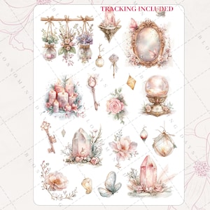 Enchanted Kawaii Moon Magical Gemstone, Gem, Diamond, Wand, Magic, Floral Decorative Aesthetic Journal Scrapbook Planner Sticker Sheet