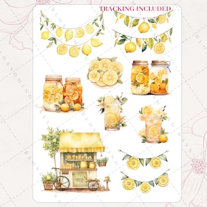 Watercolor Lemon Cart, Lemon Border, Mason Jar, Lemonade Landscapes Floral Decorative Aesthetic Journal Scrapbook Planner Sticker Sheet
