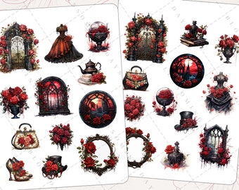 Victorian Gothic Goth Rose Red Fantasy Floral Window Frame Door Decorative Aesthetic Journal Scrapbook Planner Sticker Sheet