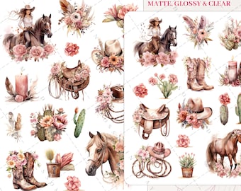 Boho Chic Cowboy Cowgirl Theme, Horse, Floral, Cactus, Wild Wild West Desert, Decorative Aesthetic Journal Scrapbook Planner Sticker Sheet