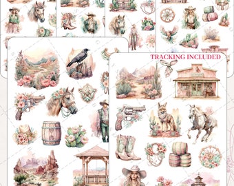 Watercolor Cowboy Cowgirl Theme, Horse, Barn, Cactus, Wild Wild West Desert, Decorative Aesthetic Journal Scrapbook Planner Sticker Sheet