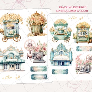 Romantic Dreamy Floral Movie Night Theme, Popcorn Cart, Vintage Film, Aesthetic Journal Bujo Scrapbook Planner Sticker Sheet