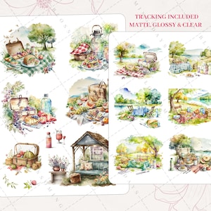 Cute Watercolor Serene Picnic, Pastel, Nature Decorative Aesthetic Journaling Journal Bujo Scrapbook Planner Sticker Sheet