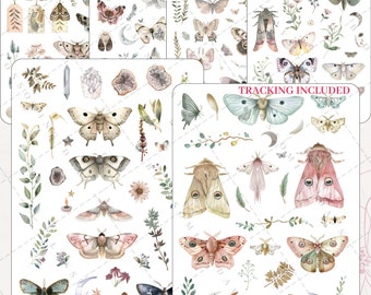 May include: A set of 6 sheets of clear, glossy, and matte stickers featuring watercolor illustrations of moths, butterflies, moons, and other nature-inspired designs. The stickers are perfect for adding a touch of whimsy to planners, journals, and other craft projects.  "Tracking Included" is printed on one of the sheets.