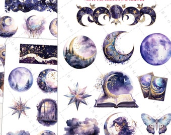 May include: A set of 15 watercolor stickers featuring a celestial theme with moons, stars, clouds, a book, a butterfly, and a woman with long purple hair. The stickers are on a white background and have a matte, glossy, and clear finish.