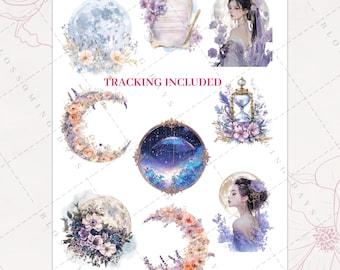 Enchanted Celestial Fantasy, Magical, Crystal, Dreamscape Floral Moon, Moonlit, Mystical Aesthetic Journal Scrapbook Planner Sticker Sheet