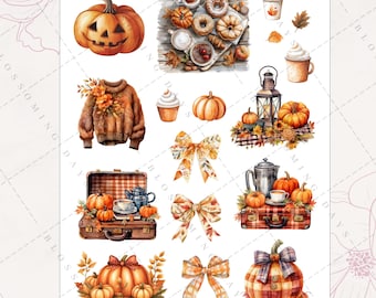 Autumn Harvest Thanksgiving, Fall Leaves Pumpkin, Bow, Cozy Decorative Aesthetic Journal Scrapbook Planner Sticker Sheet