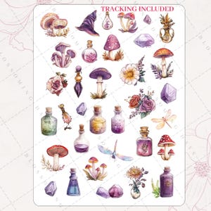 May include: A sheet of colorful watercolor stickers featuring mushrooms, flowers, crystals, potion bottles, and a witch's hat. The stickers are perfect for adding a touch of whimsy to planners, journals, and other craft projects.