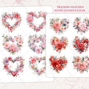 Romantic Dreamy Floral Heart, Valentine&#39;s Day, Love Flower, Shabby Chic Aesthetic Journal Bujo Scrapbook Planner Sticker Sheet