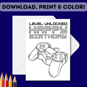 Carte d'anniversaire de jeu à imprimer + colorier | Carte à colorier d'anniversaire de contrôle pour enfants | Téléchargement, impression et carte couleur DIY pour les amateurs de jeux