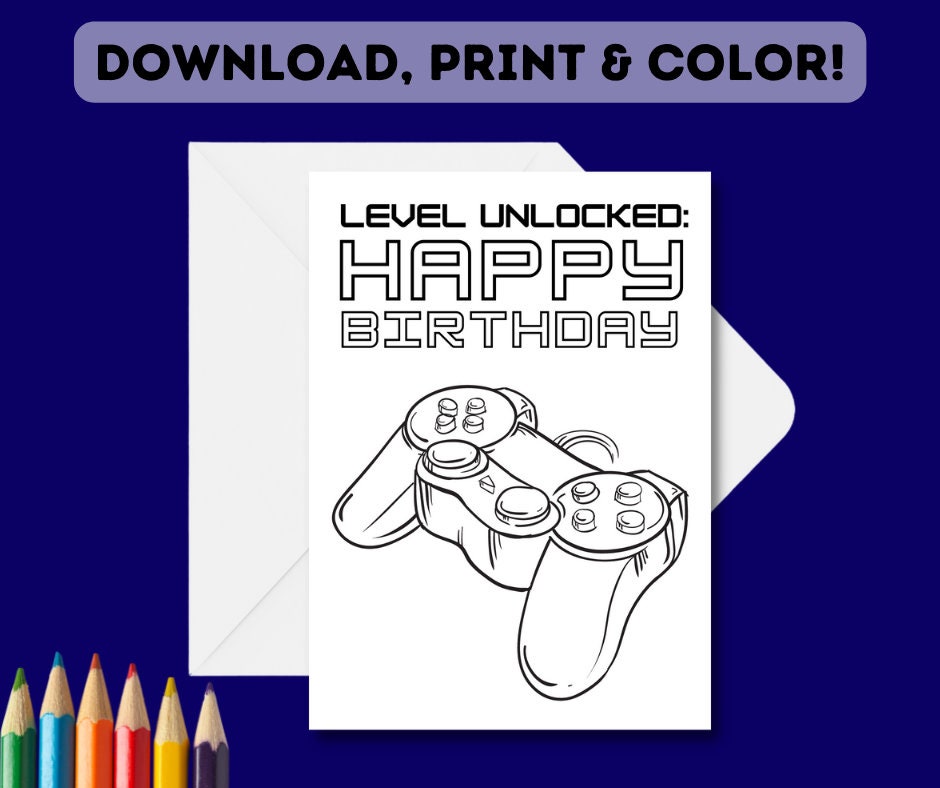 Print + Color-in Gaming Birthday Card | Children's Control Birthday ...