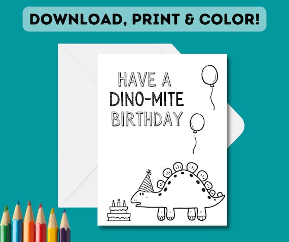 PRINTABLE Color-in Dinosaur Birthday Card Children's DIY | Etsy