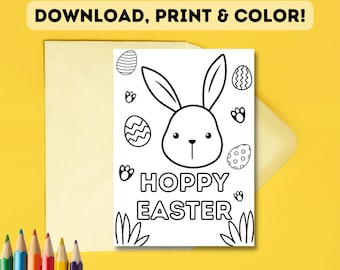 Biglietto di Pasqua da colorare STAMPABILE / Biglietto da colorare di Buona Pasqua Hoppy fai da te per bambini / Scarica, stampa e colora fai da te