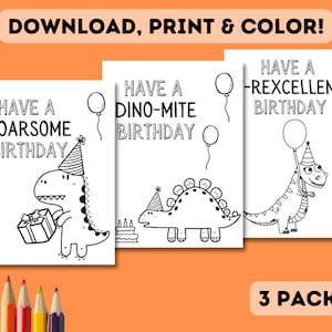3 cartes d'anniversaire de dinosaures imprimables à colorier | Lot de 3 cartes à colorier pour anniversaire de dinosaure à faire soi-même pour enfants | Téléchargement, impression et couleur à faire soi-même