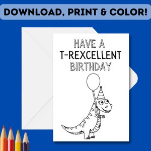 Biglietto d'auguri per dinosauri da colorare STAMPABILE / Biglietto da colorare per bambini T-Rex T-rexcellent fai da te per compleanno di dinosauri / Scarica, stampa e colora