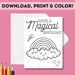 Carte d'anniversaire arc-en-ciel à imprimer et à colorier | Carte à colorier d'anniversaire arc-en-ciel magique bricolage pour enfants | Couleur d'impression bricolage | Carte imprimable facile