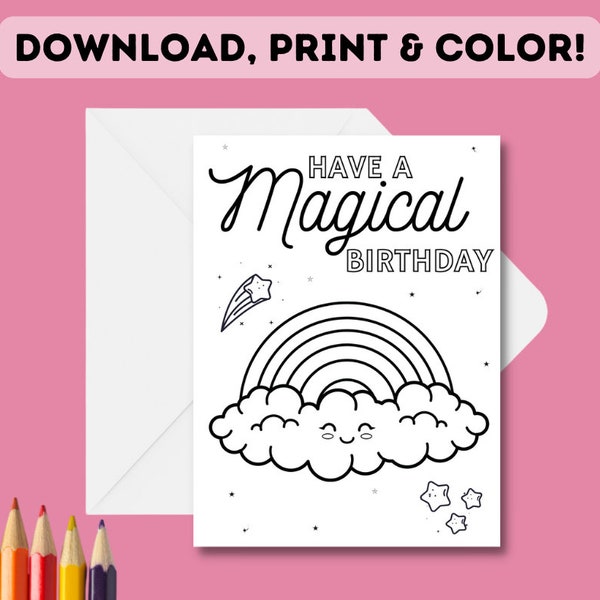 Print and Color-In Rainbow Birthday Card | Children's DIY Magical Rainbow Birthday Coloring-In Card | DIY Print Colour | Easy printable card